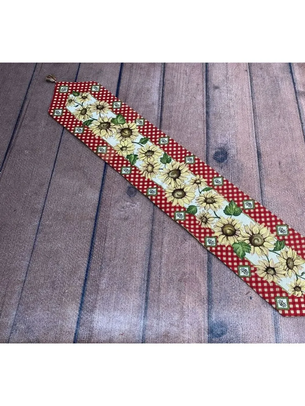 Vintage 90's tapestry whimsical cottage sunflower table runner tablecloth 70'